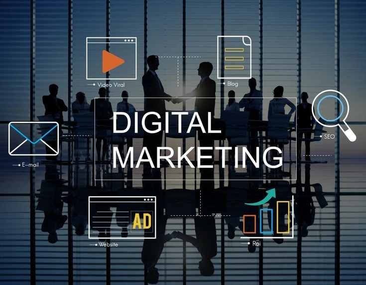 a picture of 'Digital Marketing' title graphic with icons for emails, video, blog, SEO, and ads, representing the services of the Best Freelance Digital Marketer in Kannur